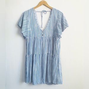 ZARA Dress Medium Mini Stripe Linen Blend Gold Buttons Travel Resort